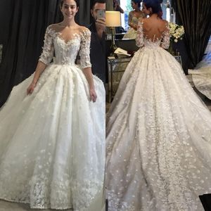 Robe de mariée de luxe en cristal, manches mi-longues, avec des Appliques florales 3D, en dentelle, avec traîne Court, grande taille