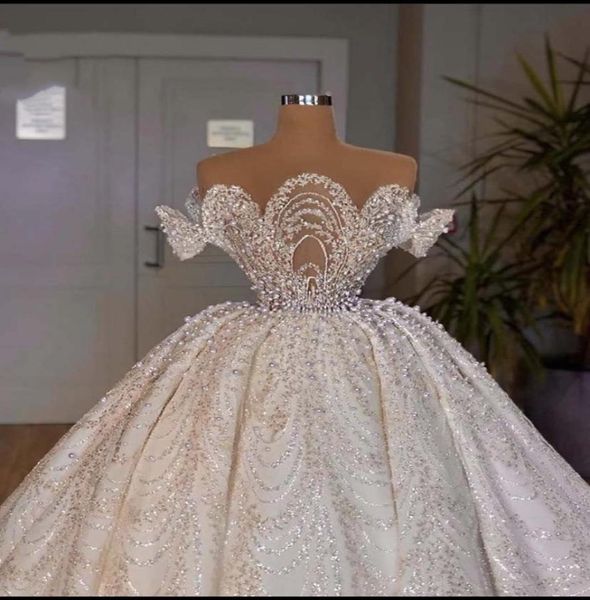 Vestido De fiesta De lujo con perlas, Vestidos De novia con apliques De encaje, cuello redondo transparente, Dubai, Arabia, Vestidos De Novias8602637