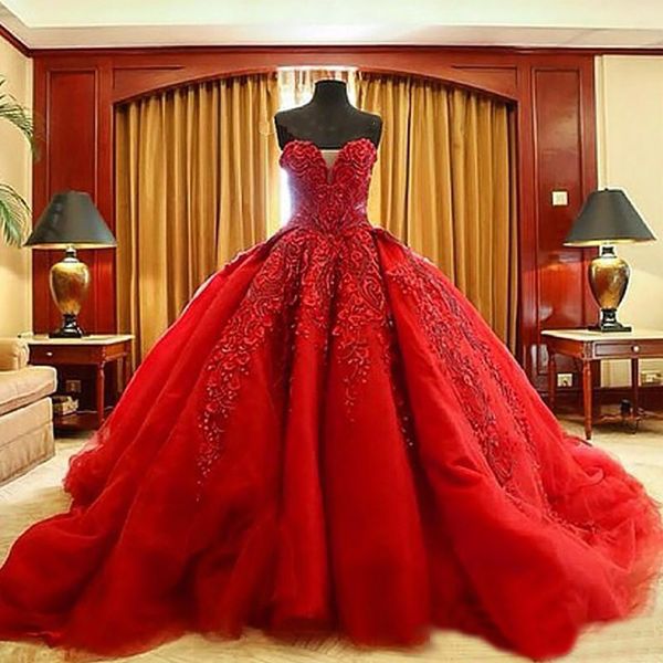 Robe de boule de luxe robe de mariée rouge robe chérie dentelle appliquée perlée balayer train gothique robe de mariée michael Cinco Civil Vestido de