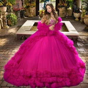 Robe de bal de luxe rose rouge quinceanera robe 2024 perles cristal tulle à plusieurs niveaux robe de 15 anos doux 16 anniversaire pageant robe de soirée princesse