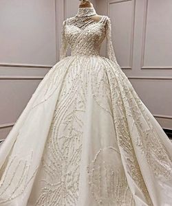 Robe de bal de luxe robe de mariée à manches longues col haut paillettes Tulle perles perles de cristal 2022 nouveau Design robe de mariée formelle