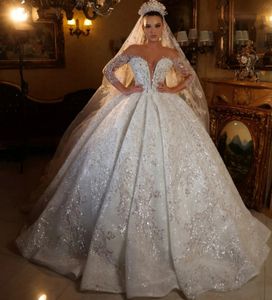 Robe de mariée de luxe robe de bal 2024 pour femmes col transparent paillettes scintillantes perles robes de mariée personnalisé Dubaï arabe robe de novia personnalisé