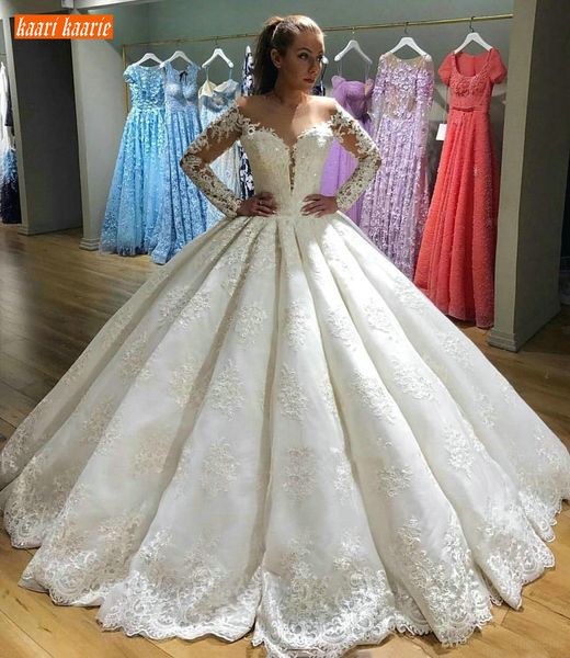 Vestido de novia de lujo, vestido de novia de manga larga, apliques de encaje personalizados, vestidos de novia hasta el suelo, vestidos de boda de princesa hinchados, nuevo