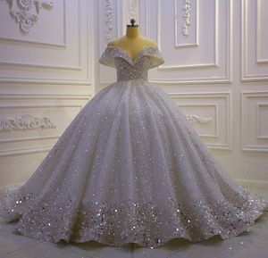 Robe de mariée de luxe robe de mariée brillante col en V sur l'épaule perles paillettes robes de mariée grande taille robe de Novia Casamento 2024 sur mesure