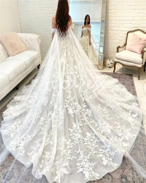 Robes de mariée de robe de bal de luxe 2024 épaules appliqués en dentelle grecque Ridal romantique Robes de mariée