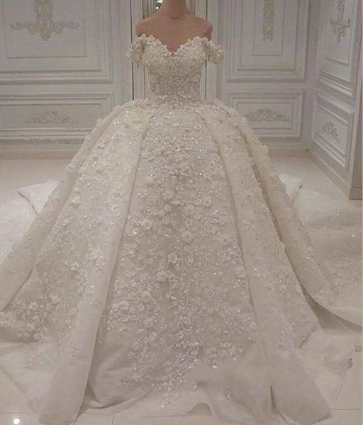 Robes de mariée robe de bal de luxe Bling paillettes perlées appliques florales 3D sur l'épaule robe de mariée bohème, plus la taille robes de mariée