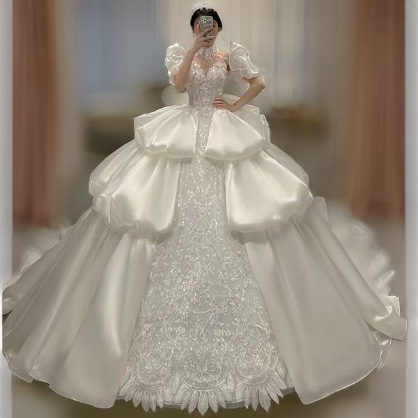 Robe de mariée de luxe robe de bal fleur cristal perlé pure cristal cou cristal perlé appliqué robes de mariée dentelle tache paillettes designer Vestido De Novias