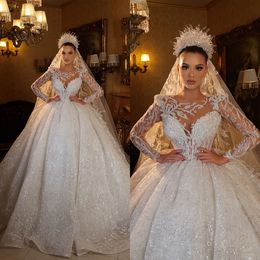 Abito da ballo di lusso Abiti da sposa Gioiello Paillettes brillanti Designer Maniche lunghe Vita alta Abito da corte senza schienale Abito da sposa taglie forti su misura Vestidos De Novia