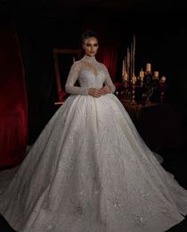 Robe de mariée de luxe robe de bal manches longues col en V licou paillettes appliques 3D dentelle volants robes de mariée perles robe formelle grande taille sur mesure robe de novia