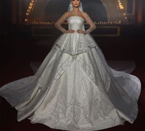 Robe de mariée de luxe, robe de bal, manches longues, bateau, sans bretelles, paillettes, appliques en dentelle, volants, perles, robe formelle, grande taille, sur mesure