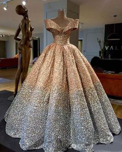 Luxe Baljurk Trouwjurken Prinses Puffy Sparkly Pailletten Off Shoulder Ruches Arabische Dubai Bridal Town Custom Made Vestidos de Novia