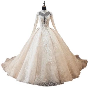 Robe de bal de luxe robes de mariée princesse moelleux grand train col haut à manches longues dentelle cristal perlé robes de mariée sur mesure