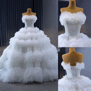 Luxe baljurk trouwjurken prinses liefje organza ruches bruidsjurk lovertjes bladerdeeg kant-up bruidsjurken