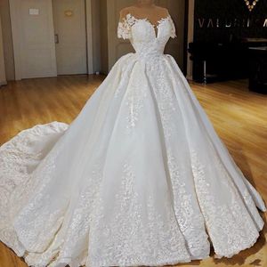 Robe de bal de luxe robes de mariée en satin mancherons pure cou dentelle Appliqued tribunal train robes de mariée robe de mariée robe de noiva