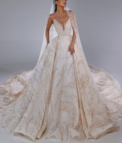 Robes de mariée robe de bal de luxe sans manches col en V sans bretelles paillettes appliques volants dentelle 3D grande taille perles à lacets diamants robes de mariée de luxe robe de novia