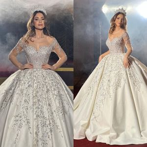 Robes de mariée de robe de bal de luxe chérie manches longues brillantes laisse les candidats en arrière sans zipper robe à paillettes de robe de mariée sur mesure