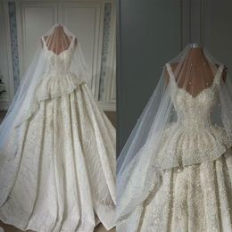 Robe de mariée de luxe avec voile et perles, col en V, magnifique robe de mariée Vintage à paillettes