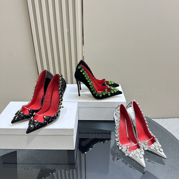 Banquet de luxe Designer Rhinestone Femmes High Heels Chaussures Red Lisse Bottom Talon mince Sandales d'été en cuir breveté sexy avec taille 35-43