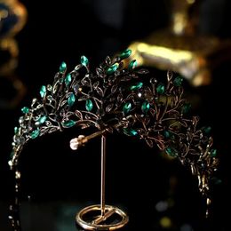 Luxe barok zwart groen kristalblad bruidskroon tiara's strass kronen infantis bruiden hoofdbanden bruiloft haaraccessoires Y332e