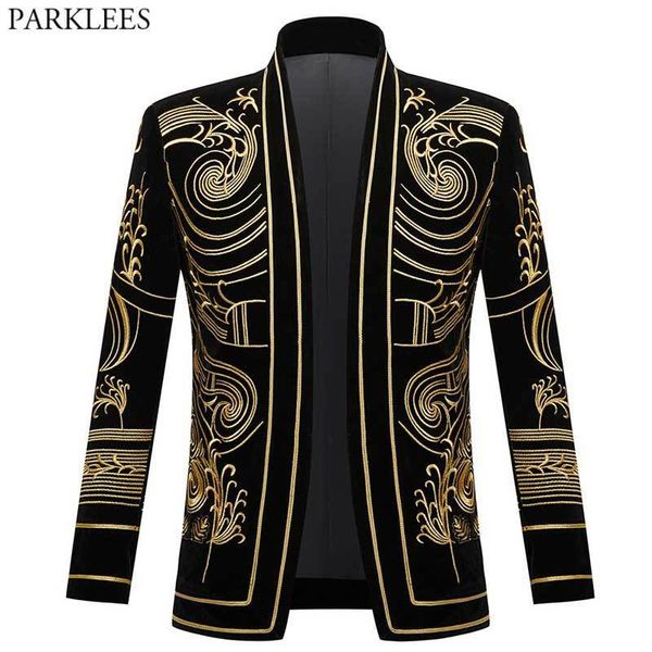 Lujo barroco dorado floral bordado chaqueta chaqueta hombres chal solapa terciopelo cardigan blazers hombres fiesta de boda traje de fiesta homme 220310