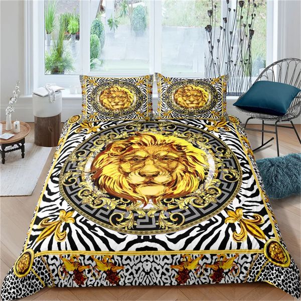 Ensemble de housse de couette imprimé Lion doré 3D, Art moderne baroque de luxe, ensemble de literie avec taie d'oreiller, 2/3 pièces, AU/EU/UK/US Queen et King Size 240202