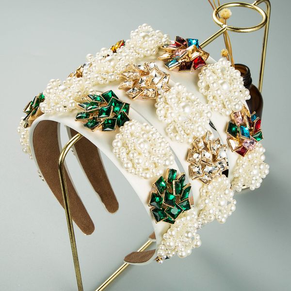 Luxe Baroque perle strass bandeau mode cheveux accessoires femmes incrusté Zircon large côté bandeau cheveux cerceau chapeaux nouveau
