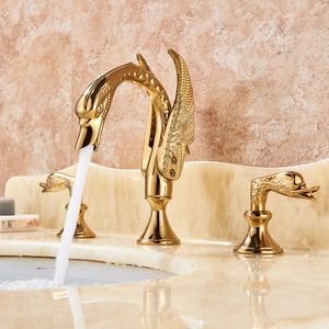 Robinet de salle de bain de luxe en laiton Golden Swan Shape Basin Tap à double poignée Boucheur de pont de pont robinets d'évier de robinets