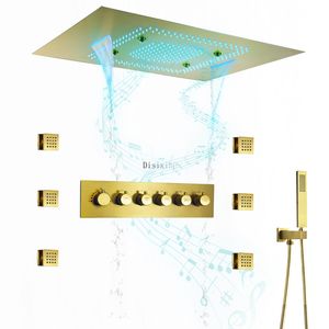 Système de douche de salle de bain de luxe, pomme de douche Led 24x32 pouces avec haut-parleur de musique, ensemble de douche thermostatique, brume, pluie et cascade