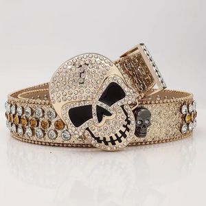 Luxe Bb Ceinture Crâne Designer Ceinture Bb Simon Ceinture Diamant Clouté Squelette Punk Rock Ceinture En Cuir Femmes Individualité À La Mode BB Strass Boucle Punk Ceintures 8758