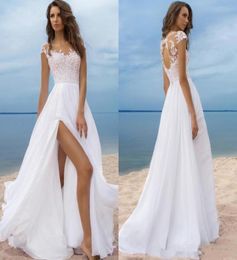 Robes de mariée de plage de luxe Boho manches courtes robes de mariée en mousseline de soie pas cher robes de mariée dos nu avec fente latérale haute 9781074
