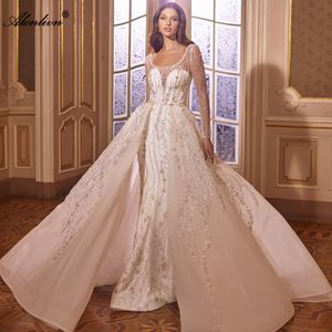 Appliques de perles de luxe en dentelle Scoop robe de mariée sirène manches longues superbe broderie 2 en 1 robes de mariée trompette avec train amovible