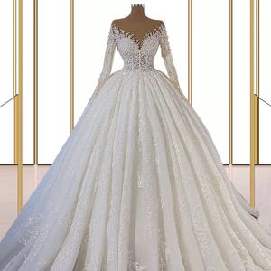 Luxe perlé Appliques manches longues robes de mariée chérie à lacets dos princesse Illusion appliques robes de mariée robe de mariage 2024 robe de bal Vestido De Novia