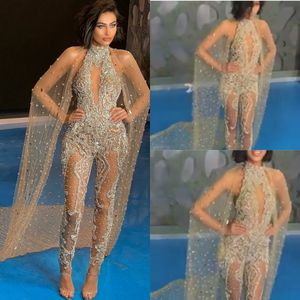 Luxe kralen kristal prom jumpsuits met wrap pailletten hoge hals illusie sexy avondjurken 2019 vrouwen broek pakken formele jurk