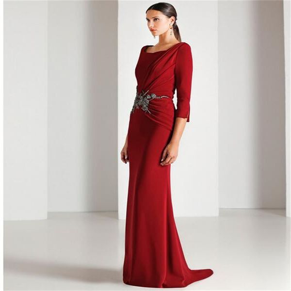 Robe de soirée de luxe à perles pour femmes, tenue de soirée élégante, longue, arabe, rouge foncé, manches longues, robes de bal formelles, 2023