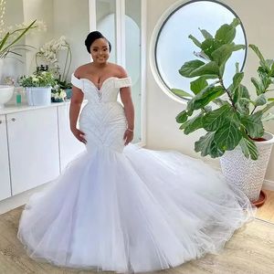 Robe de mariée sirène perlée de luxe, épaules dénudées, longue en Tulle blanc, grande taille, robes de mariée africaines, 2024