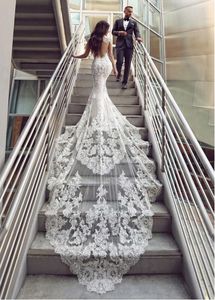 Luxe perlé sirène robes de mariée 2020 chérie Cap manches dos nu longue queue Applique dentelle bouton dos robe de mariée