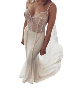 Robes de mariée sirène perlées de luxe bretelles spaghetti perles chapelle train sexy illusion corsage robe de mariée de mariage sur mesure
