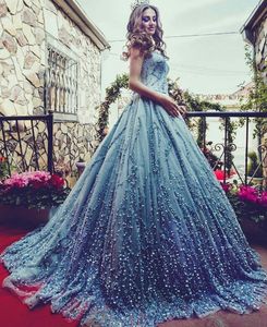 Luxe Beaded Prom Dresses Light Sky Blue Crystal Sweetheart Jurk Evening Draag Sweep Train Vintage Pageant Formal Dress