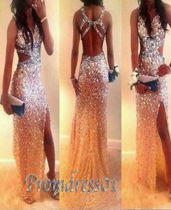 Luxe kralen sexy prom jurken van hoge kwaliteit glanzende lange prom feestjurken met Cross Back Side Slit formele avondjurk voor WO5975318