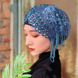 Luxury perlé pipi turban dubai fête de mode Hijab Cap Summer Lace Mesh Hat Hathet Muslim Headscarf Femmes Accessoires de cheveux 240410