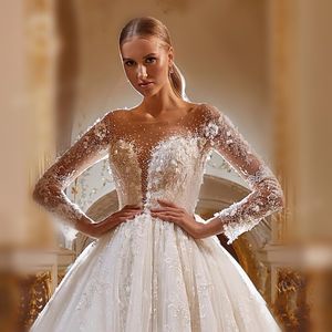 Luxe kralen trouwjurk 2024 illusie nek lange mouw kanten appliques prinses bruid baljurken vestidos de novias aangepast