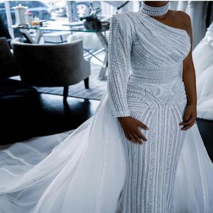 Luxe perles 2021 robes de mariée sirène avec train détachable une épaule à manches longues robes de mariée grande taille robe de mariée229p