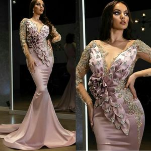 Luxe kralende zeemeermin avondjurken 3D bloem kanten Appliques pure nek lange mouw prom jurk pageant jurken op maat gemaakt