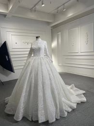 Vestido de novia musulmán Dubai árabe de manga larga con cuello de encaje vestido de novia personalizado de lujo SM67168