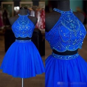 Luxe Beading Royal Blue Twee Stuk Homecoming Jurken Tulle A Line Juweel Hals Mouwloze Crystal Cocktail Party Ball Town