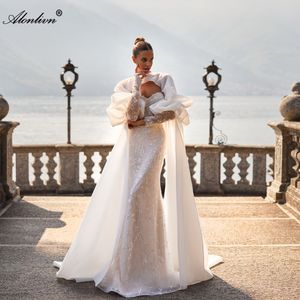 Luxury perle à paillettes en dentelle chérie robes de mariée sirène manches complètes avec des robes nuptiales en satin de trompette 2024