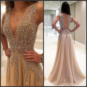 Luxe Staaflijst Kristallen Lovertjes Diepe V-hals Prom Avondjurken Lange Kant Applique Backless Formele Jurken Avondjurken Vestid270P