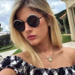 Perles de luxe lunettes de soleil rondes femmes mode alliage cadre marque perles lunettes de soleil design pour femme nuances noires UV400 New339O