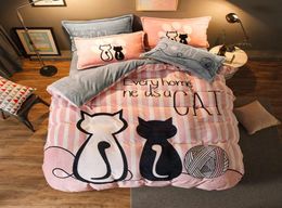 Ensemble de literie de luxe flanelle dessin animé chat rose housse de couette ensemble reine taille linge de lit Valentine mignon drap de lit enfants literie T2007069517315