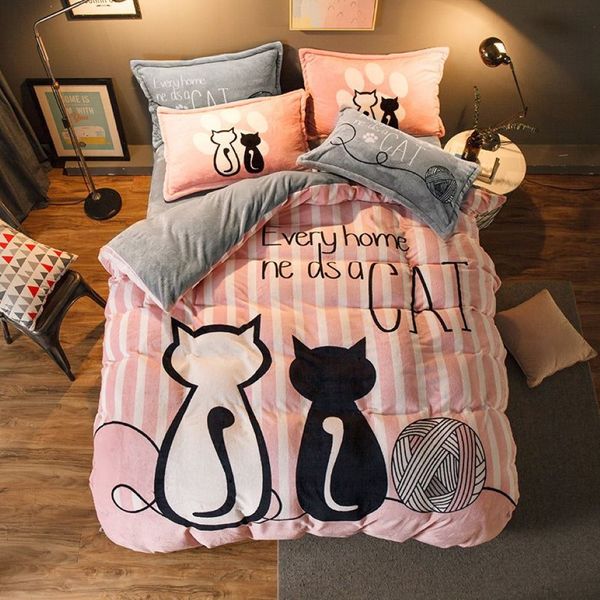 Juego de cama de lujo de franela con dibujos de gato rosa, funda nórdica, ropa de cama tamaño Queen, Sábana bonita de San Valentín, ropa de cama para niños T200706343O